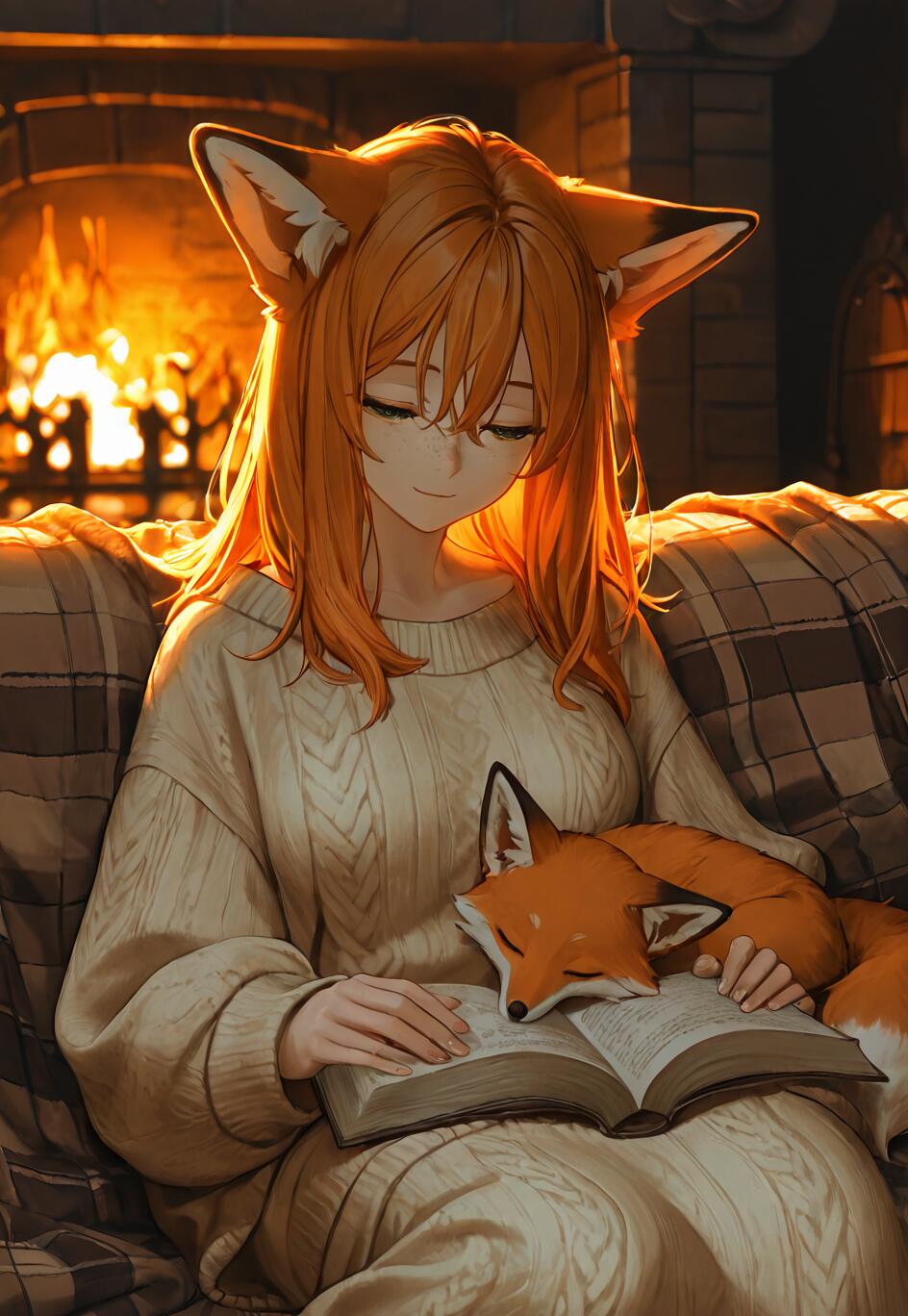 Une jeune fille renarde, dans le style des dessins animés japonais, aux cheveux orange et au doux sourire, est assise près d’une cheminée, vêtue d’un pull en laine couleur crème. Un petit renard dort paisiblement sur un livre ouvert posé sur ses genoux.