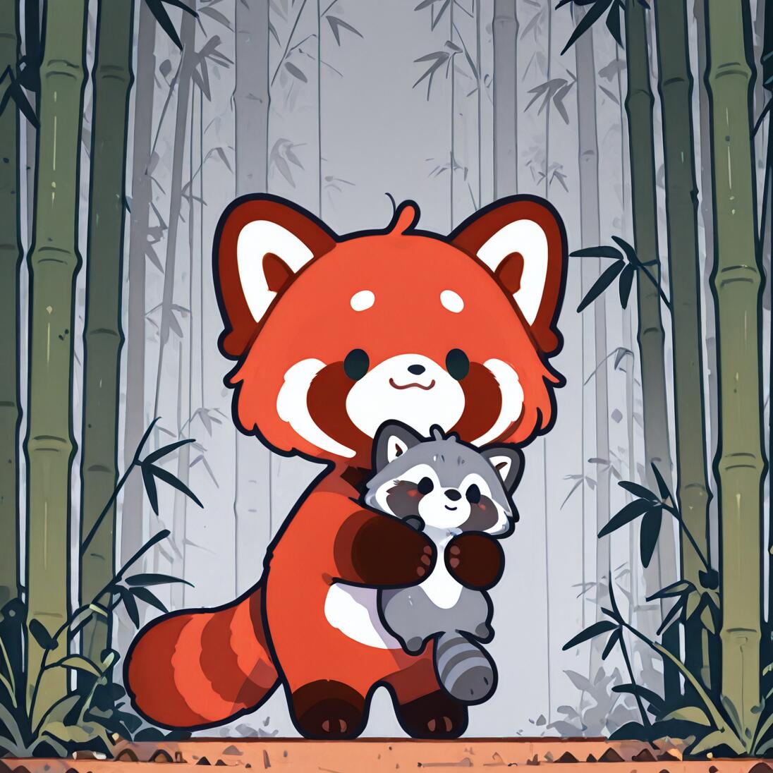 Un adorable panda roux, représenté sous forme de dessin animé, se tient dans une forêt de bambous et serre dans ses bras un petit raton laveur gris, également représenté sous forme de dessin animé.