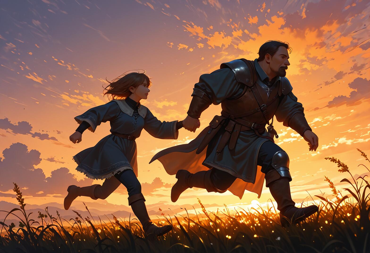 Une illustration fantastique représentant un grand chevalier et une jeune fille courant côte à côte, main dans la main, à travers un champ verdoyant, au moment d’un magnifique coucher de soleil aux teintes orangées. L’homme porte une armure et la fille une robe bleue.