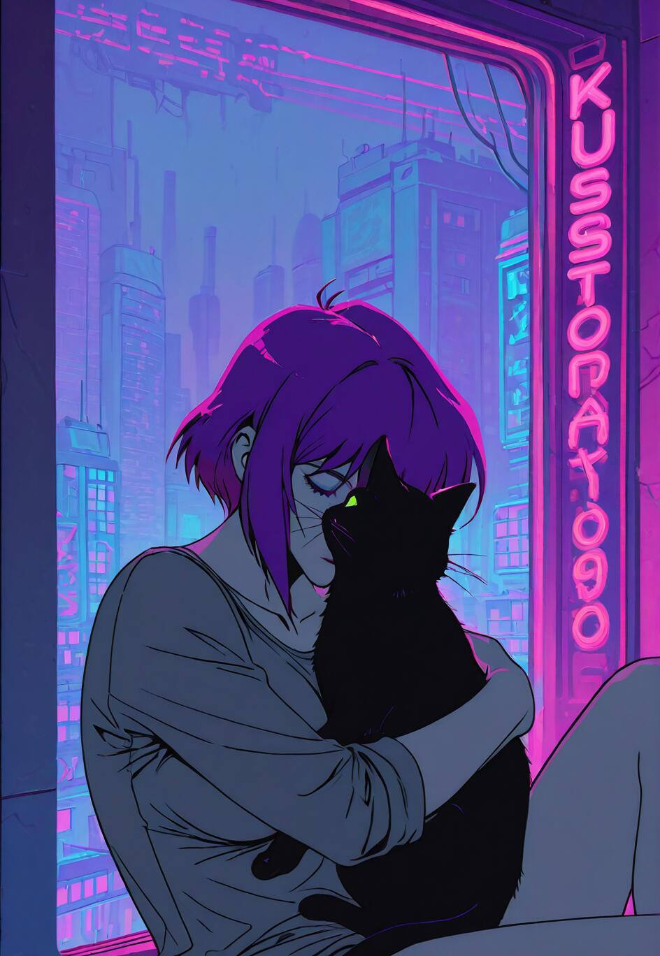 Une illustration de Motoko Kusanagi, personnage de Ghost in the Shell, dans un style d’animation japonaise, avec de courts cheveux violets. Elle est assise près d’une fenêtre et serre tendrement un chat noir dans ses bras. Dehors, un paysage urbain futuriste scintille de néons violets et roses éclatants.