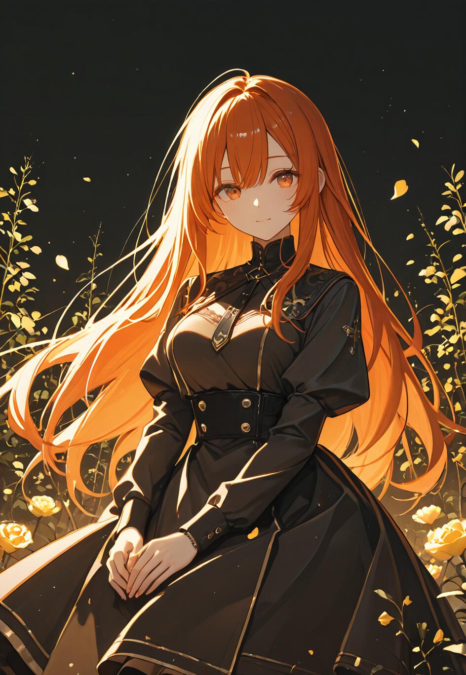 Une illustration de style manga représentant Ritsuka Fujimaru (Gudako) de Fate/Grand Order, une jeune femme aux longs cheveux orange et lumineux et aux yeux ambrés, portant une élégante robe noire dans un jardin sombre rempli de roses dorées.