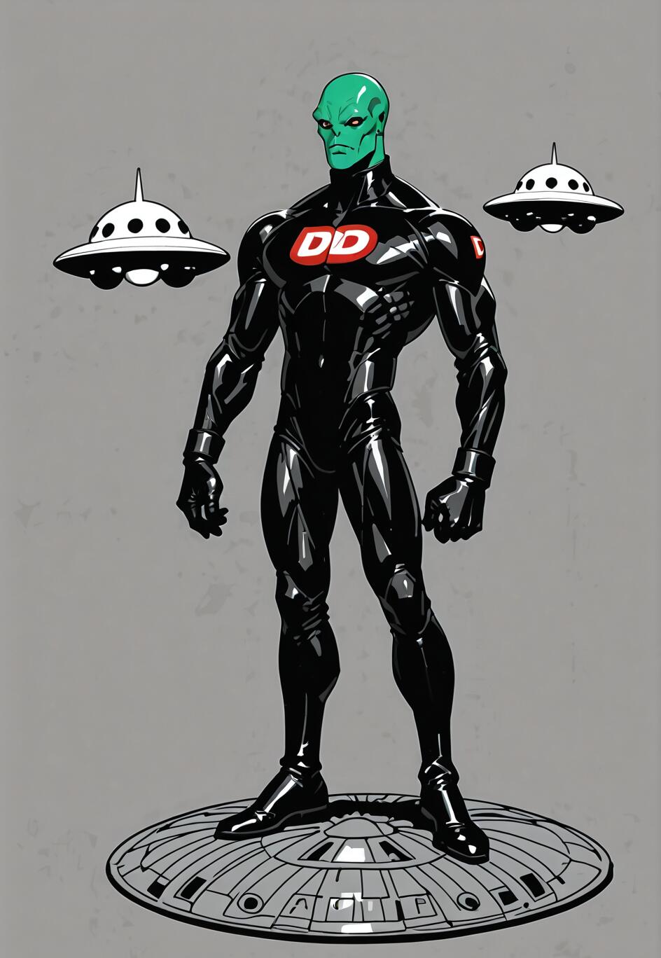 Illustration complète d’un extraterrestre à la peau verte et au corps musclé, vêtu d’un élégant costume noir orné d’un logo rouge « DD », debout sur un OVNI, avec deux autres OVNI plus petits en arrière-plan.