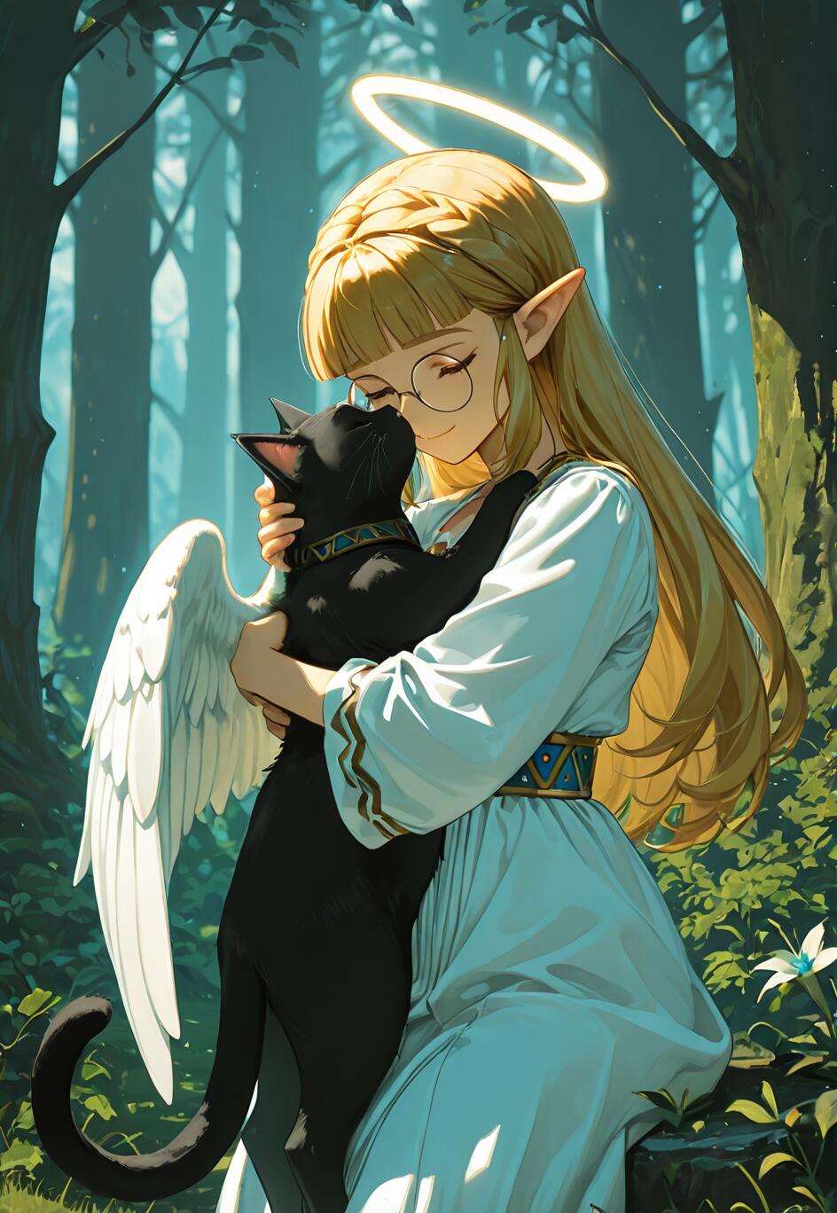 Une illustration de la princesse Zelda dans un style manga, avec de longs cheveux blonds, des oreilles pointues, une auréole et une aile d’ange. Elle est assise dans une forêt et enlace tendrement un chat noir.