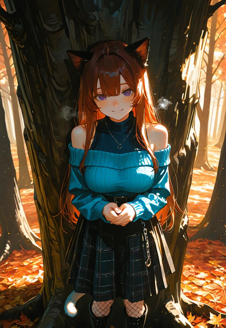 Une illustration complète d’une jeune fille à l’apparence d’un chat de style manga, avec de longs cheveux bruns et des yeux violets, portant un pull bleu à décolleté et une jupe à carreaux, debout dans une forêt automnale devant un grand arbre.
