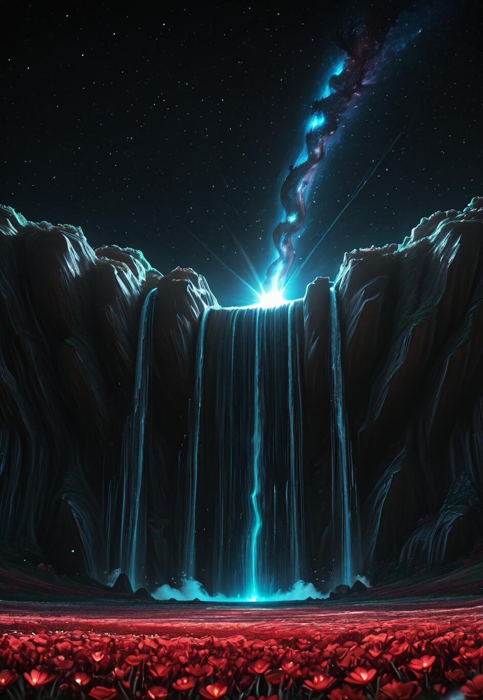 Une scène fantastique et surréaliste représentant une cascade bleue lumineuse qui jaillit d’une galaxie tourbillonnante dans un ciel nocturne étoilé. La cascade est encadrée par de sombres falaises et se déverse près d’un vaste champ de fleurs rouge vif.