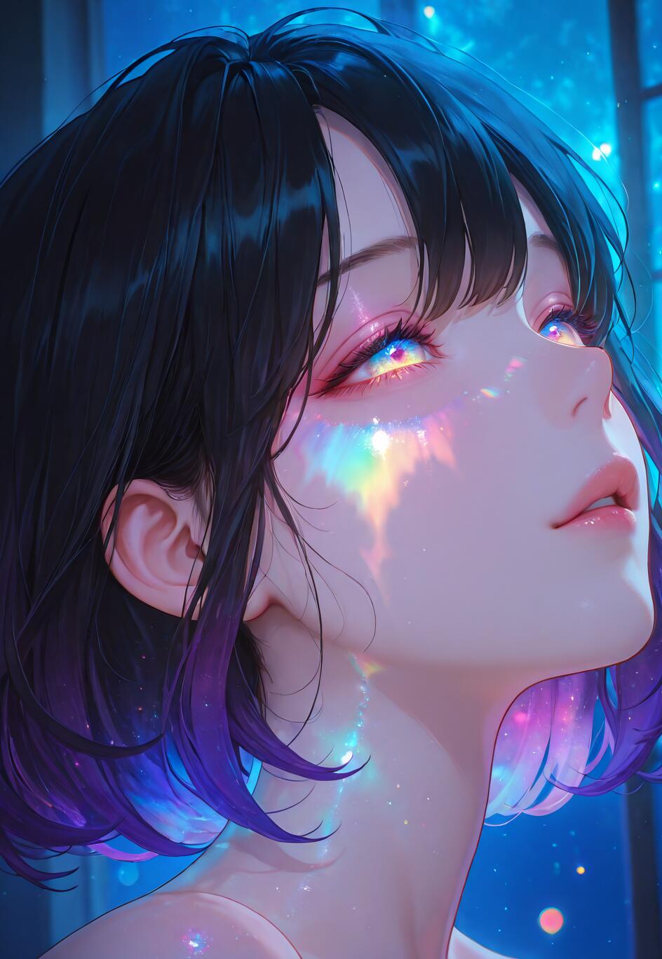 Un portrait artistique en gros plan d’une femme au style manga, avec de courts cheveux noirs et des mèches violettes, qui lève les yeux. Une lumière vive aux couleurs de l’arc-en-ciel se reflète dans ses yeux et illumine sa joue, le tout sur un fond bleu étoilé.