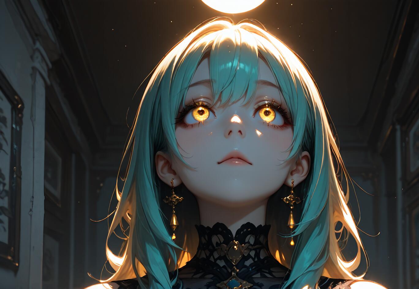 Un portrait en gros plan d’une jeune fille au style manga, avec des cheveux turquoise et des yeux dorés brillants, qui lève les yeux vers une lumière vive dans une pièce sombre. Elle porte un collier de dentelle noire et des boucles d’oreilles en forme de croix décorées.