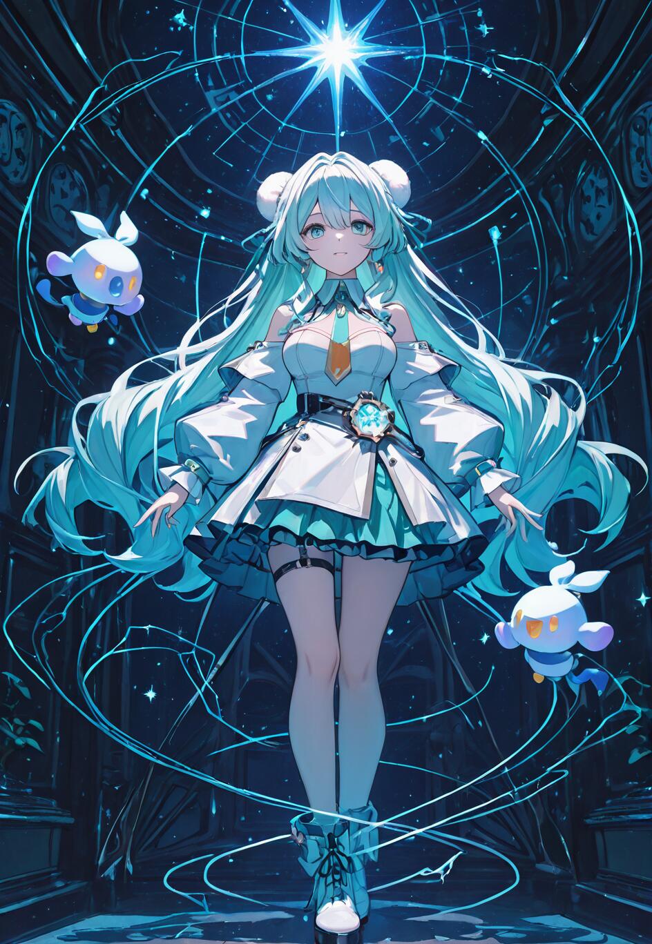 Une jeune fille d’anime, aux longs cheveux bleu clair coiffés en deux chignons, se tient devant une étoile géante et lumineuse, ainsi que devant des motifs cosmiques. Elle porte une tenue futuriste blanche et turquoise et est accompagnée de deux petits compagnons mignons qui flottent à ses côtés.