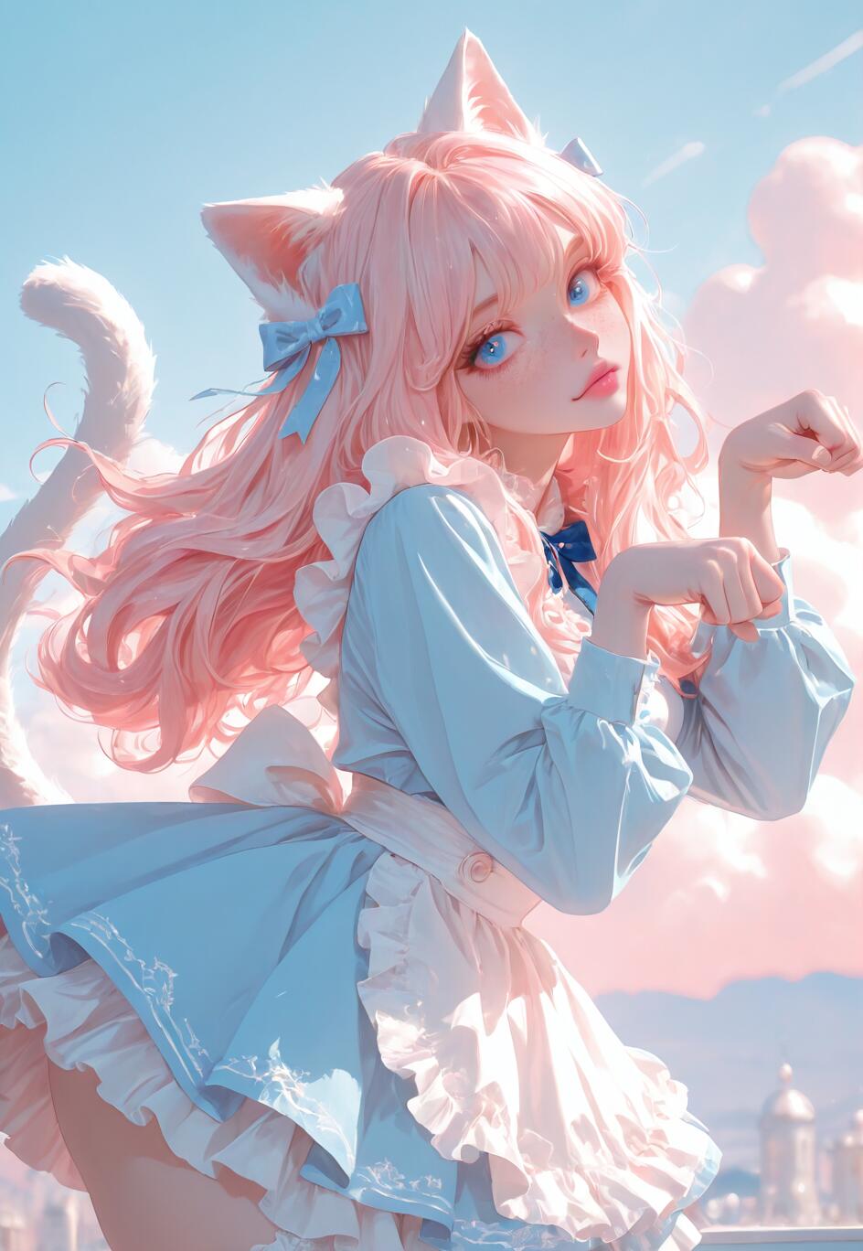 Une jeune fille d’anime aux longs cheveux roses, aux yeux bleus et aux oreilles et à la queue de chat blanches, portant une robe bleu clair et un tablier blanc, et faisant un geste mignon avec sa main en forme de patte de chat, le tout se déroulant sur un fond de ciel pastel bleu et rose.