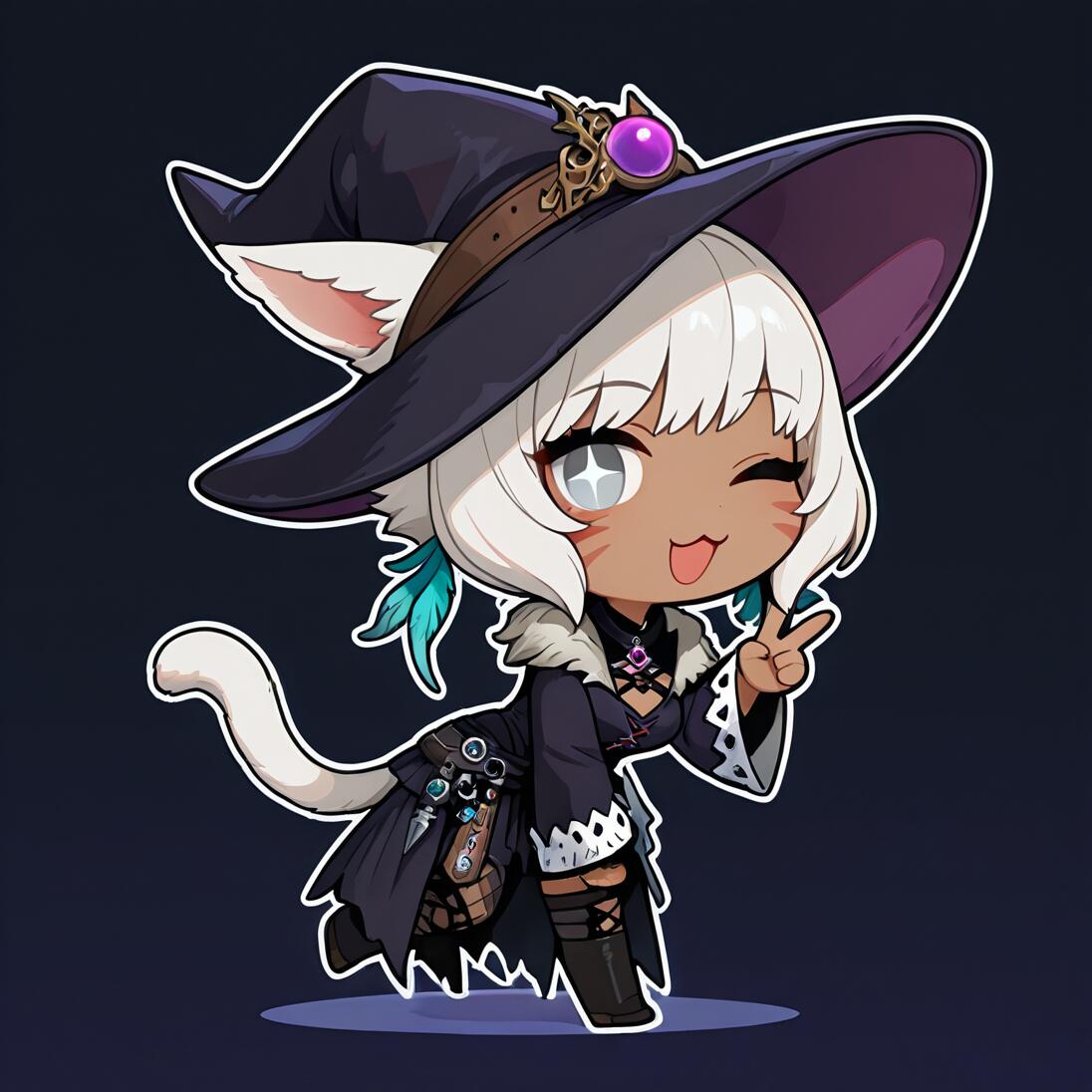 Un adorable dessin de Y’shtola Rhul dans le style chibi, tiré du jeu Final Fantasy XIV. Il représente une jeune femme à la peau foncée, aux traits félins, avec des cheveux blancs, vêtue comme une sorcière. Elle fait un clin d’œil et lève deux doigts en signe de paix.