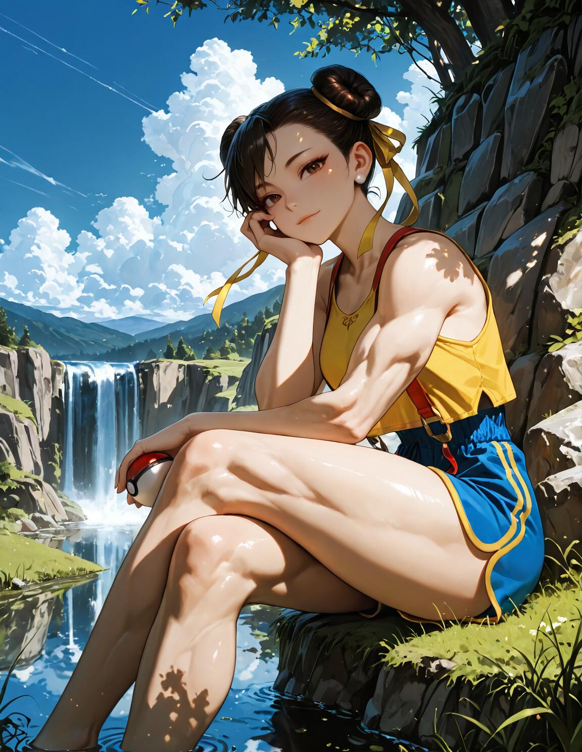 Chun-Li, issue de la série Street Fighter, est assise au bord d’un lac, dans un cadre naturel et ensoleillé, avec une cascade en arrière-plan. Elle est vêtue comme une dresseuse de Pokémon, avec un haut jaune et un short bleu, et elle tient une Poké Ball tout en souriant à la personne qui la regarde.