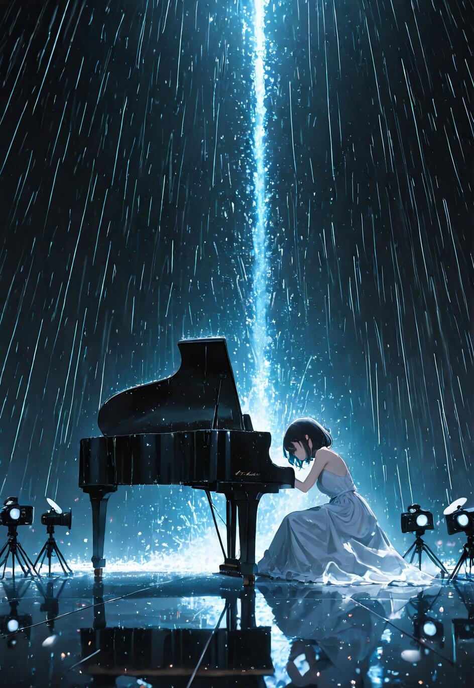 Une illustration de style manga représentant une jeune femme vêtue d’une élégante robe, jouant du piano à queue sur une scène humide et réfléchissante. Il pleut à verse, et un unique projecteur bleu puissant l’éclaire d’en haut.