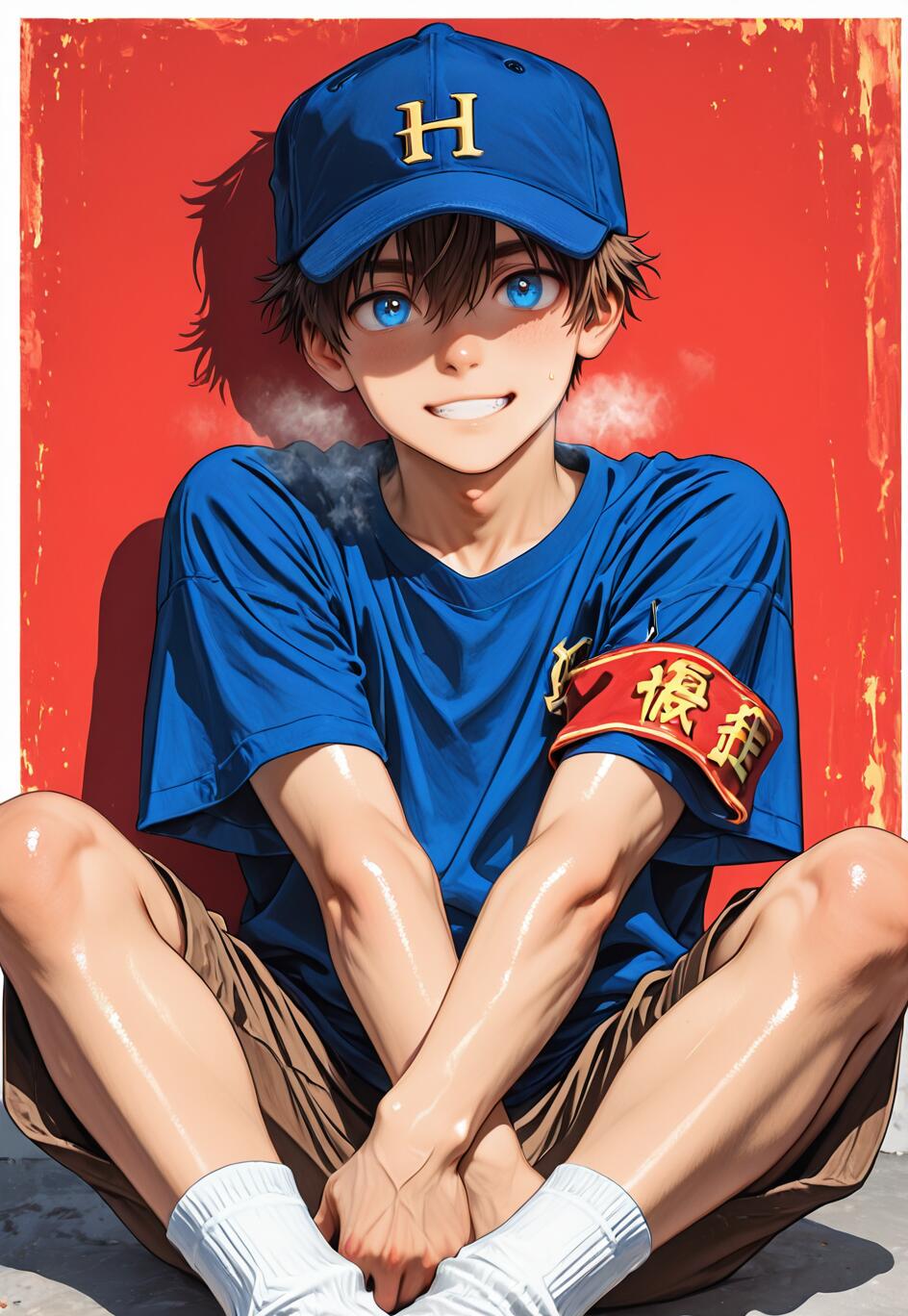 Un jeune homme au style manga, avec des cheveux bruns et des yeux bleu vif, portant une chemise bleue et une casquette de baseball ornée d’un « H », sourit avec assurance, assis, les bras et les jambes croisés, devant un mur rouge.