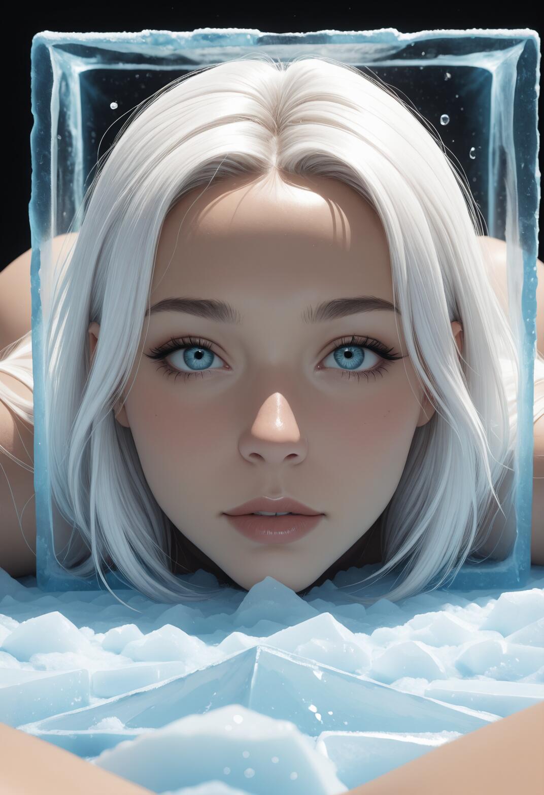 Un portrait en gros plan d’une jeune femme magnifique, aux cheveux blancs et aux yeux bleus, qui regarde à travers un cadre carré de glace, le menton posé sur un lit de glace pilée.