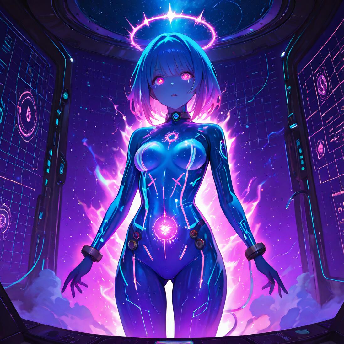 Une vue en pied d’un personnage féminin futuriste, dans un style d’anime, avec de courts cheveux bleus, un halo lumineux et un corps cybernétique recouvert de circuits bleus et roses scintillants. Elle se tient dans le cockpit d’un vaisseau spatial, avec une vue sur une galaxie violette.