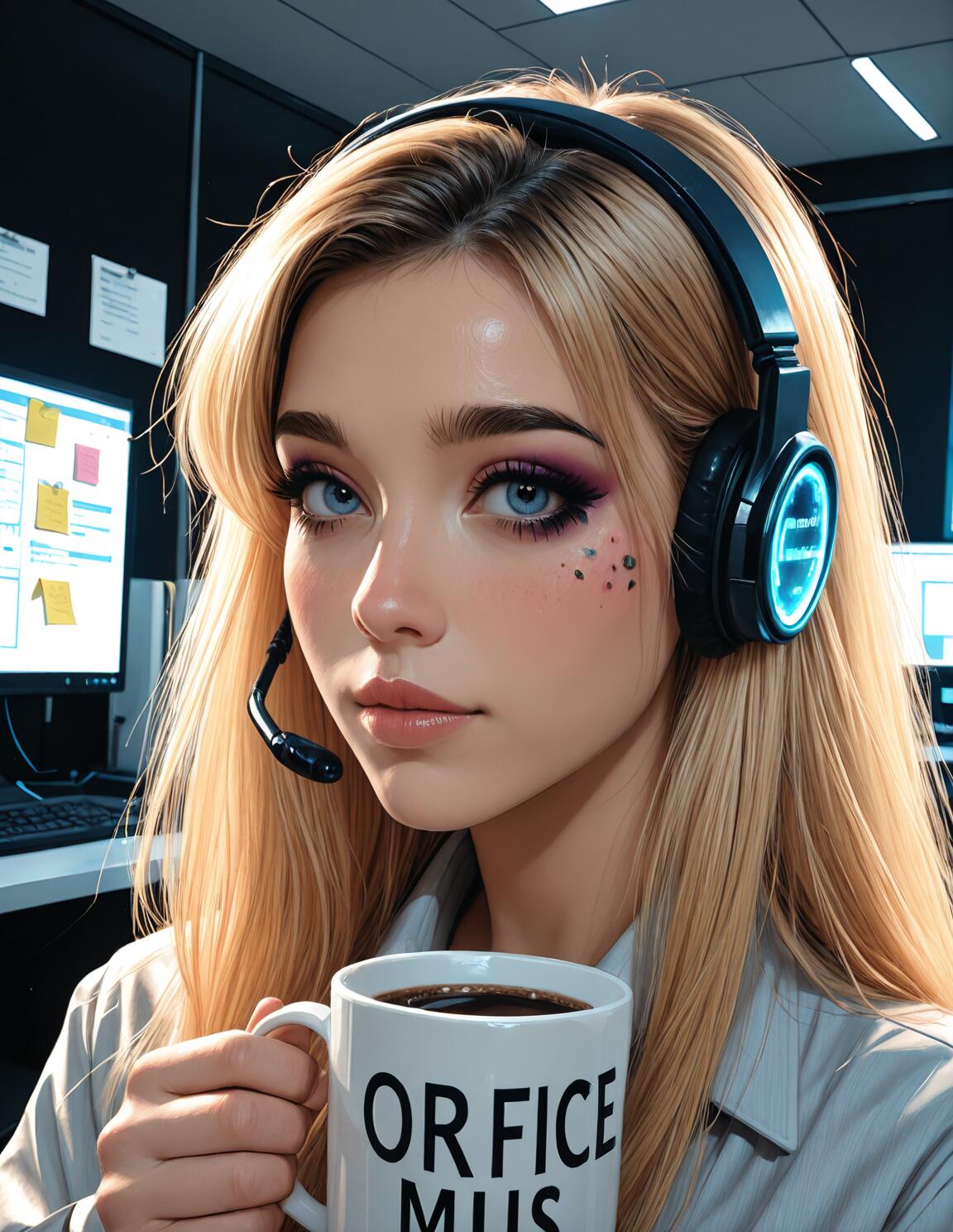 Une peinture numérique représentant une jeune femme blonde aux yeux bleus, portant un casque lumineux et tenant une tasse de café dans un bureau.