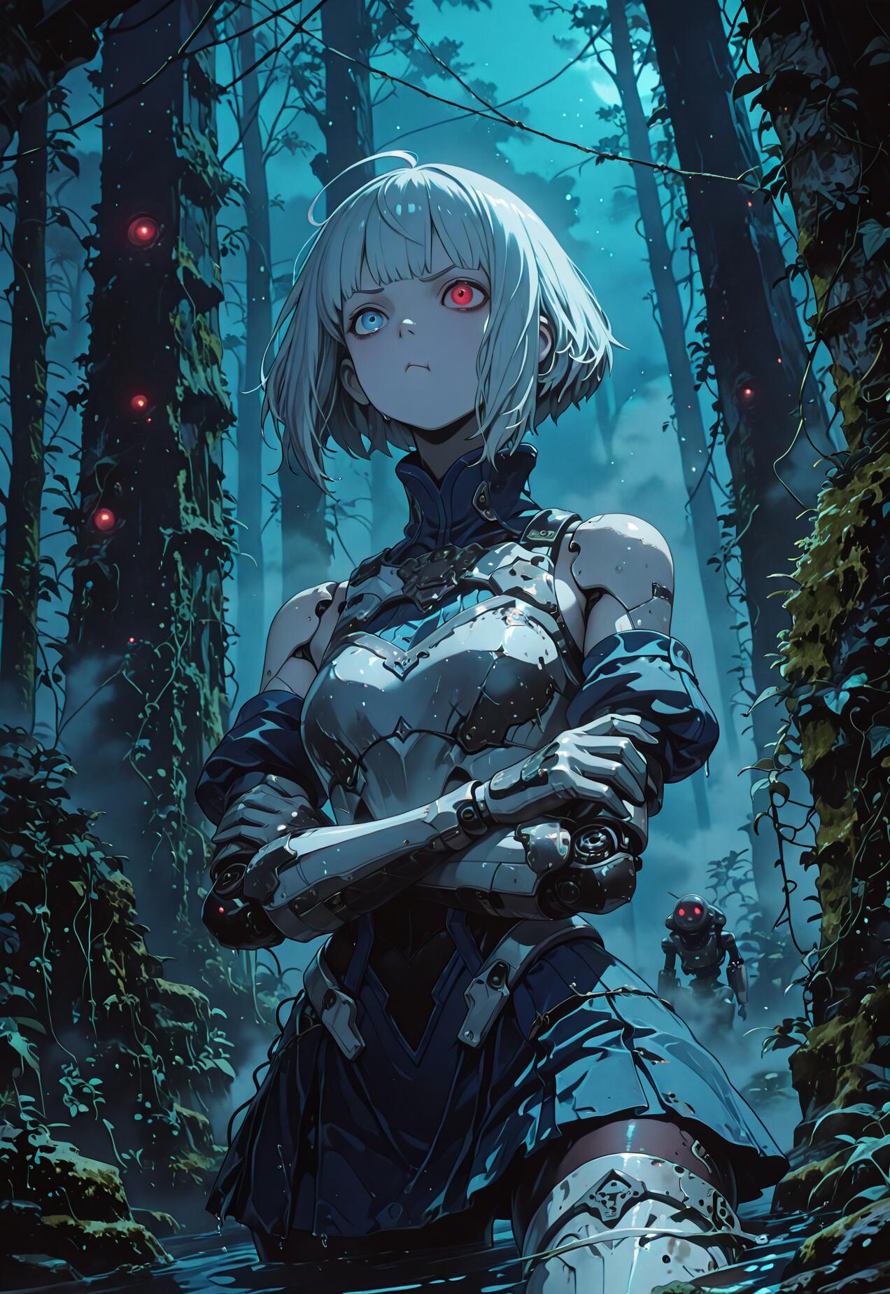 Une cyborg féminine, aux cheveux courts et argentés, avec un œil rouge et un œil bleu, se tient les bras croisés dans une forêt marécageuse et sombre, éclairée d’une lumière bleutée, au cœur de la nuit. Elle porte une armure blanche et bleue, et on peut apercevoir un petit robot à l’arrière-plan.
