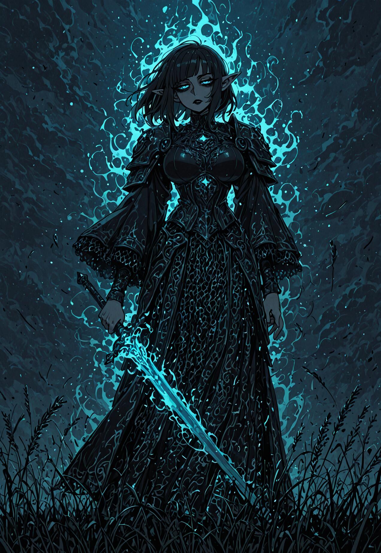 Une illustration complète représentant une elfe noire, aux cheveux noirs et aux yeux bleus lumineux, debout dans un champ, la nuit. Elle porte une armure noire ornée et une longue robe, et tient une grande épée qui émet une aura magique bleu vif.