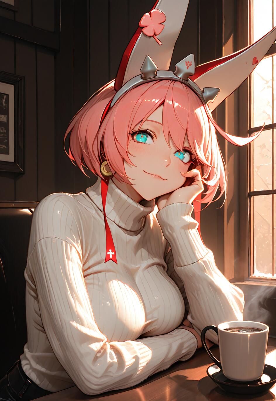 Une illustration de style manga représentant Elphelt Valentine, un personnage du jeu Guilty Gear. Elle a les cheveux courts et roses, les yeux bleus et de grandes oreilles blanches en forme de lapin, ainsi qu’un bandeau à pointes. Elle porte un pull à col roulé blanc et est assise à une table en bois dans un café, souriant doucement et reposant son menton sur sa main. Une tasse de café se trouve sur la table, à côté d’elle.