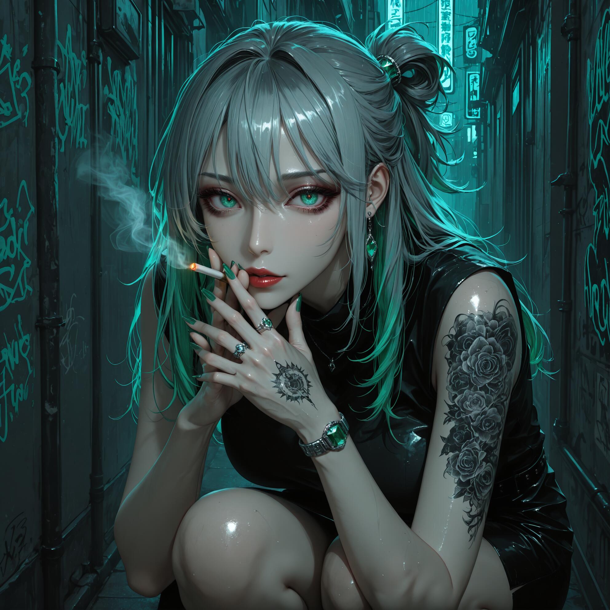 Une illustration de style manga représentant une jeune femme aux cheveux gris, avec des mèches vertes et des yeux vert vif. Elle est accroupie dans une ruelle sombre, éclairée par des néons, et fume une cigarette tout en regardant directement l’objectif de la caméra. Elle a un grand tatouage de rose sur le bras.