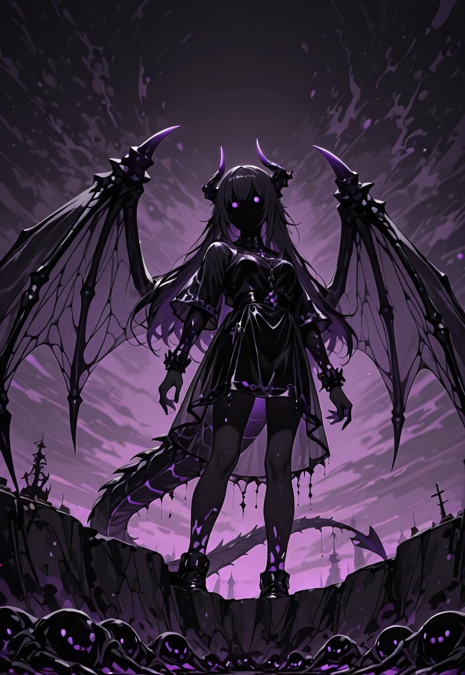 Une illustration complète d’un personnage féminin d’anime représentant l’Ender Dragon de Minecraft. Elle a de grandes ailes noires de dragon, des cornes, une queue et des yeux violets lumineux. Elle se tient debout sur une falaise sombre, sous un ciel orageux et violet, avec des créatures spectrales à ses pieds.