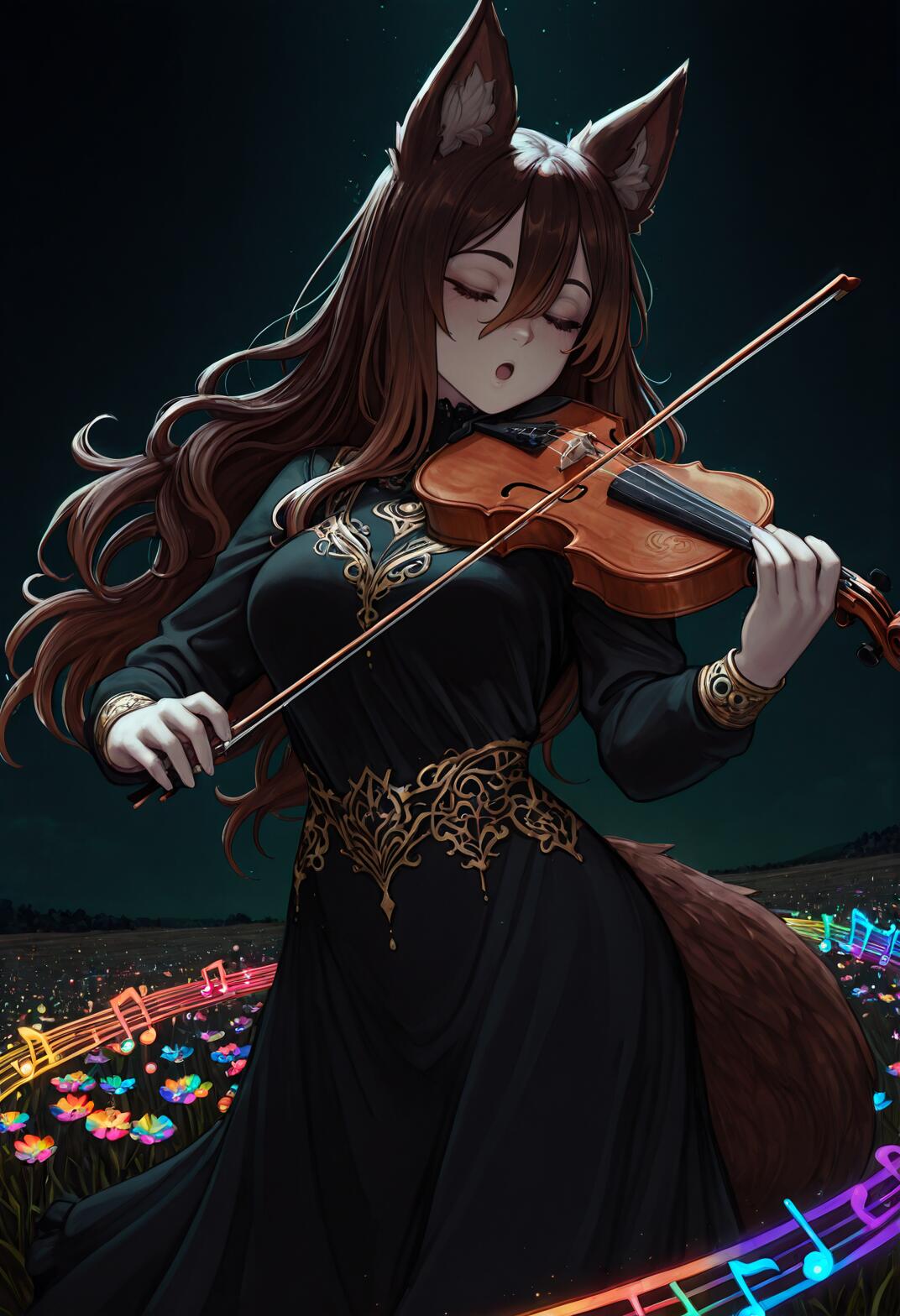Une jeune fille renarde de style manga, avec de longs cheveux bruns, des oreilles et une queue, porte une élégante robe noire et dorée et joue du violon dans un champ de fleurs multicolores, la nuit. Un porteur de partitions musical arc-en-ciel, magique et lumineux, tourbillonne autour d’elle.