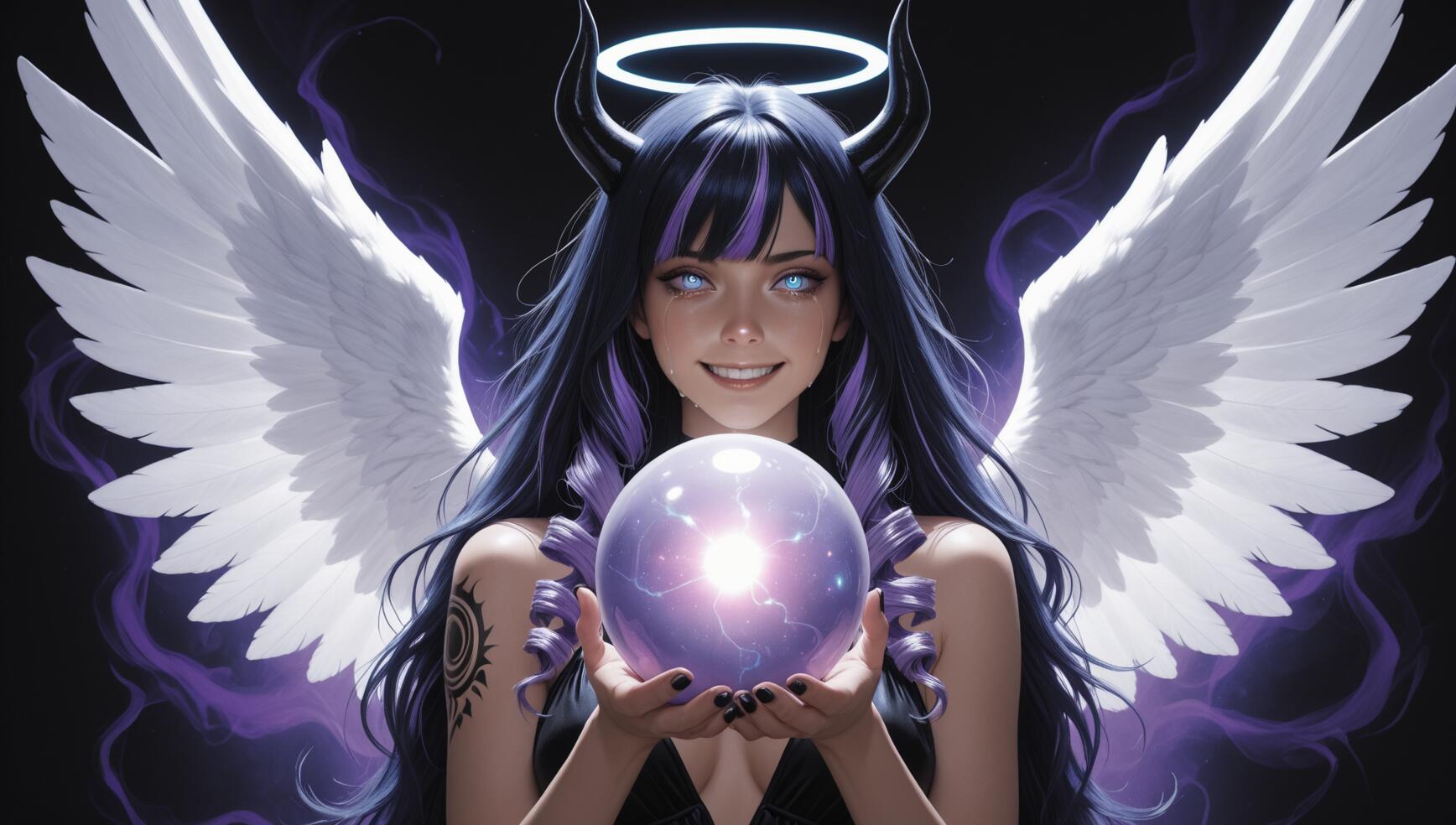 Une femme au style manga, dotée d’ailes d’ange blanches, de cornes de démon noires et d’un halo bleu, qui sourit en tenant une sphère violette lumineuse devant un fond noir.