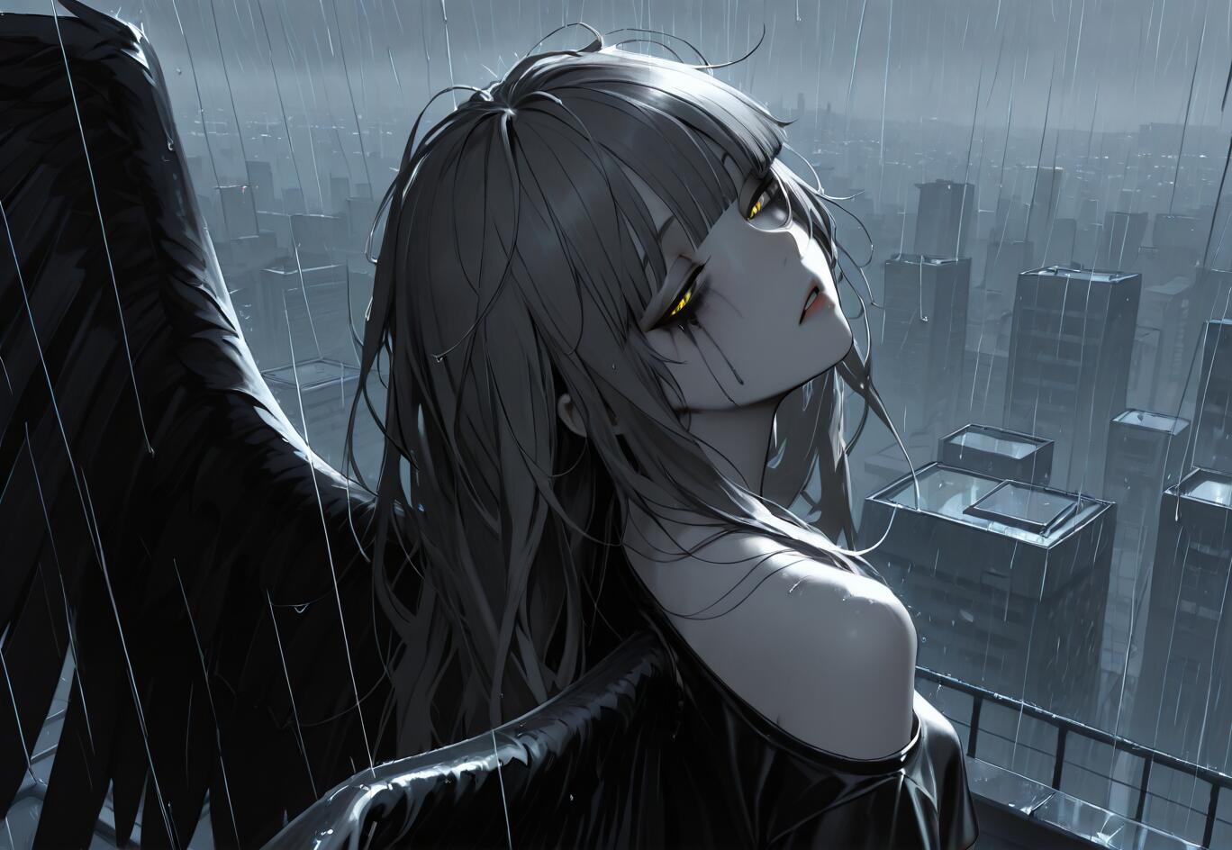 Une illustration de style manga représentant une jeune femme aux grandes ailes noires et aux yeux jaunes lumineux, qui lève les yeux vers la pluie depuis le toit d’un immeuble en ville. Son maquillage coule et son expression est triste.