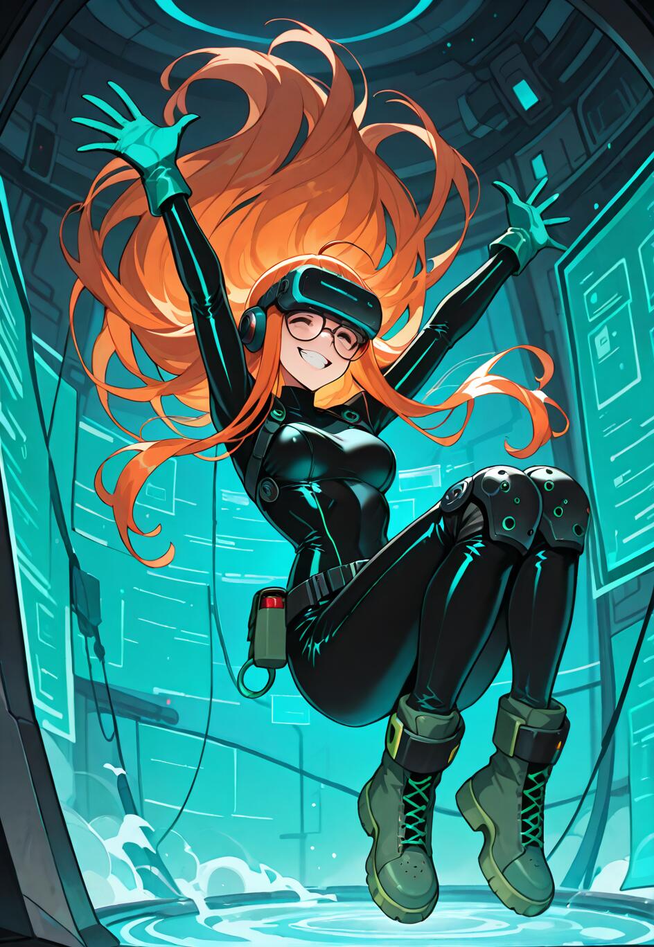 Une illustration de style manga représentant Futaba Sakura, personnage du jeu Persona 5, flottant dans un décor futuriste. Elle a de longs cheveux orange, porte des lunettes et affiche un large sourire. Elle est vêtue de sa combinaison noire Oracle, avec un casque de réalité virtuelle, des gants verts et des bottes, et ses bras sont levés en l’air.