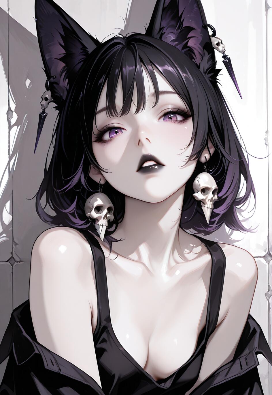 Une illustration de style manga représentant une jeune fille aux oreilles de renard noir, aux yeux violets et aux lèvres peintes en noir. Elle porte des boucles d’oreilles en forme de crâne et un débardeur noir, et regarde directement le spectateur avec une expression séduisante.