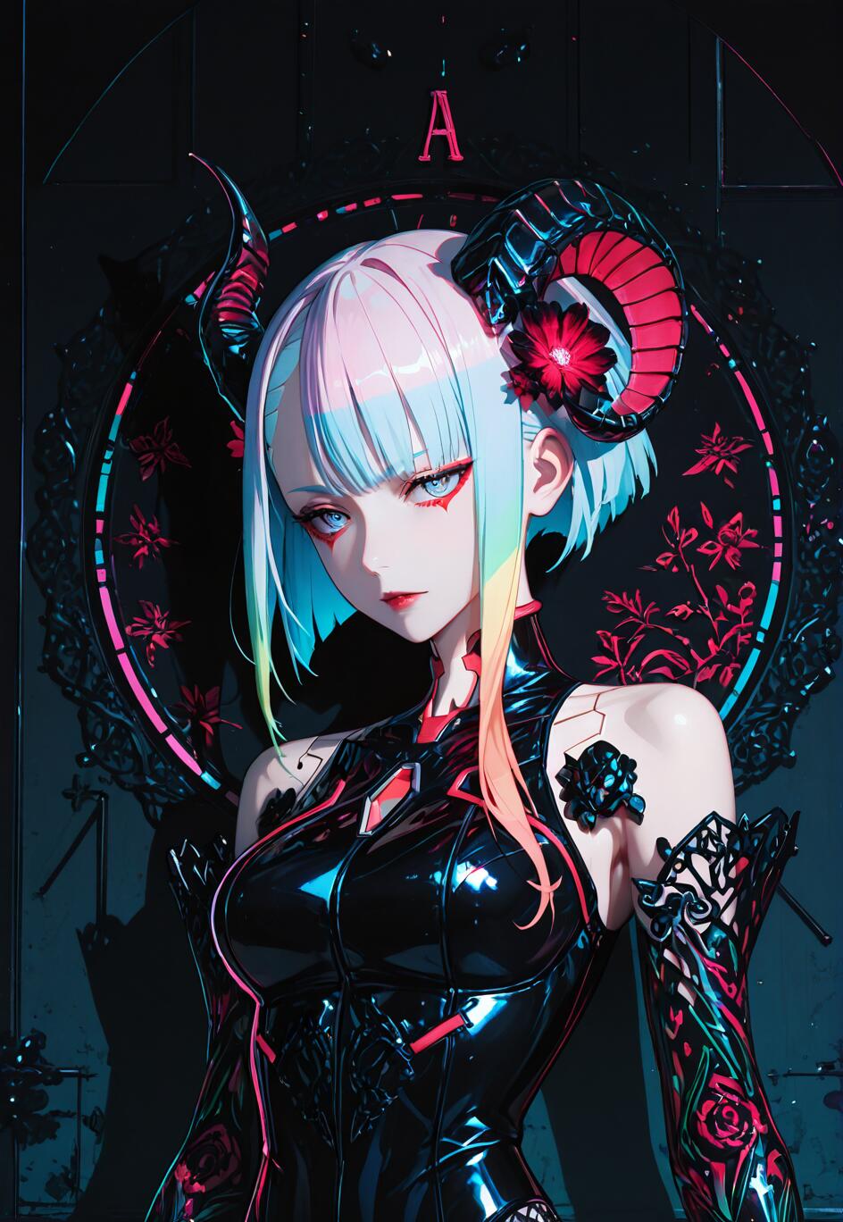 Une illustration d’anime représentant une femme qui ressemble à Lucy, personnage de la série Cyberpunk : Edgerunners, avec des cheveux pastel aux couleurs de l’arc-en-ciel, de grandes cornes noires en forme de bélier et une fleur rouge. Elle porte une tenue cyberpunk noire et brillante, le tout sur un fond sombre, avec un cadre circulaire néon rose et bleu.