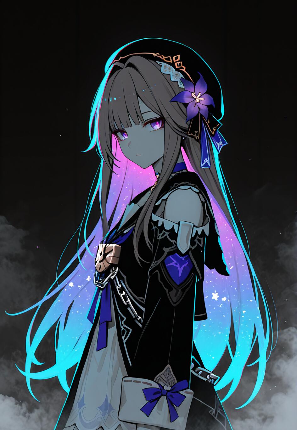 Une illustration numérique de Herta, personnage du jeu Honkai : Star Rail, représentée de profil sur un fond sombre. Ses longs cheveux sont illuminés par un dégradé de couleurs vives, allant du violet au cyan, et elle porte un béret noir orné d’une fleur violette.