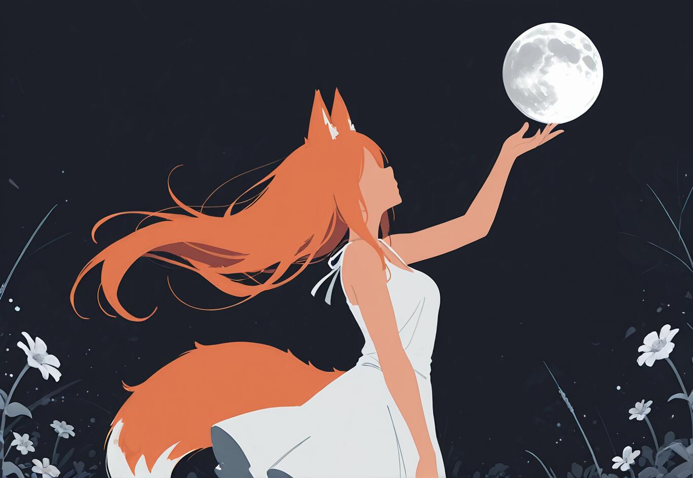 Une illustration de Holo, personnage de l’œuvre « Spice and Wolf », une jeune fille aux oreilles et à la longue chevelure orange, ainsi qu’à la grande queue de renard, portant une robe blanche. Elle se tient dans un champ de fleurs, la nuit, et tend les bras vers la pleine lune.