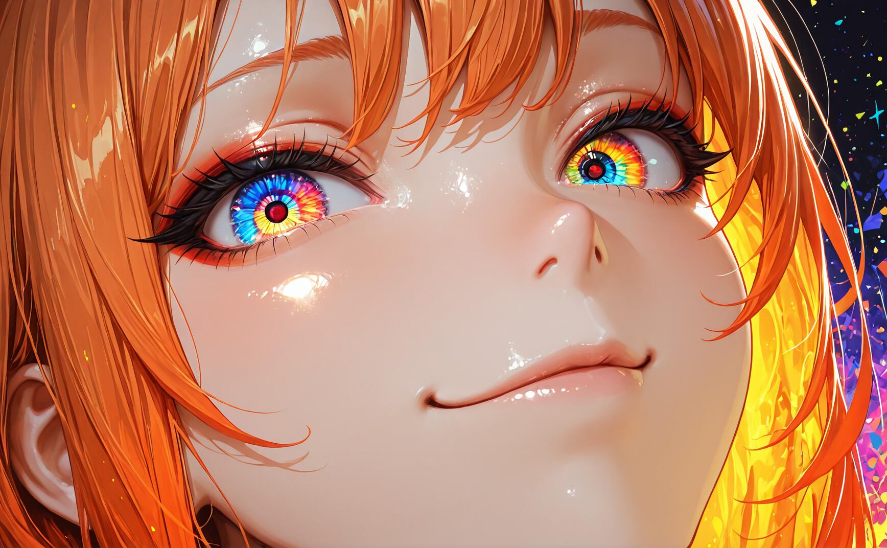 Une illustration en gros plan d’une jeune fille d’anime, avec des cheveux orange vif et un sourire narquois. Ses yeux sont au centre de l’attention, et présentent des motifs complexes, lumineux et kaléidoscopiques, avec des anneaux de couleurs arc-en-ciel.