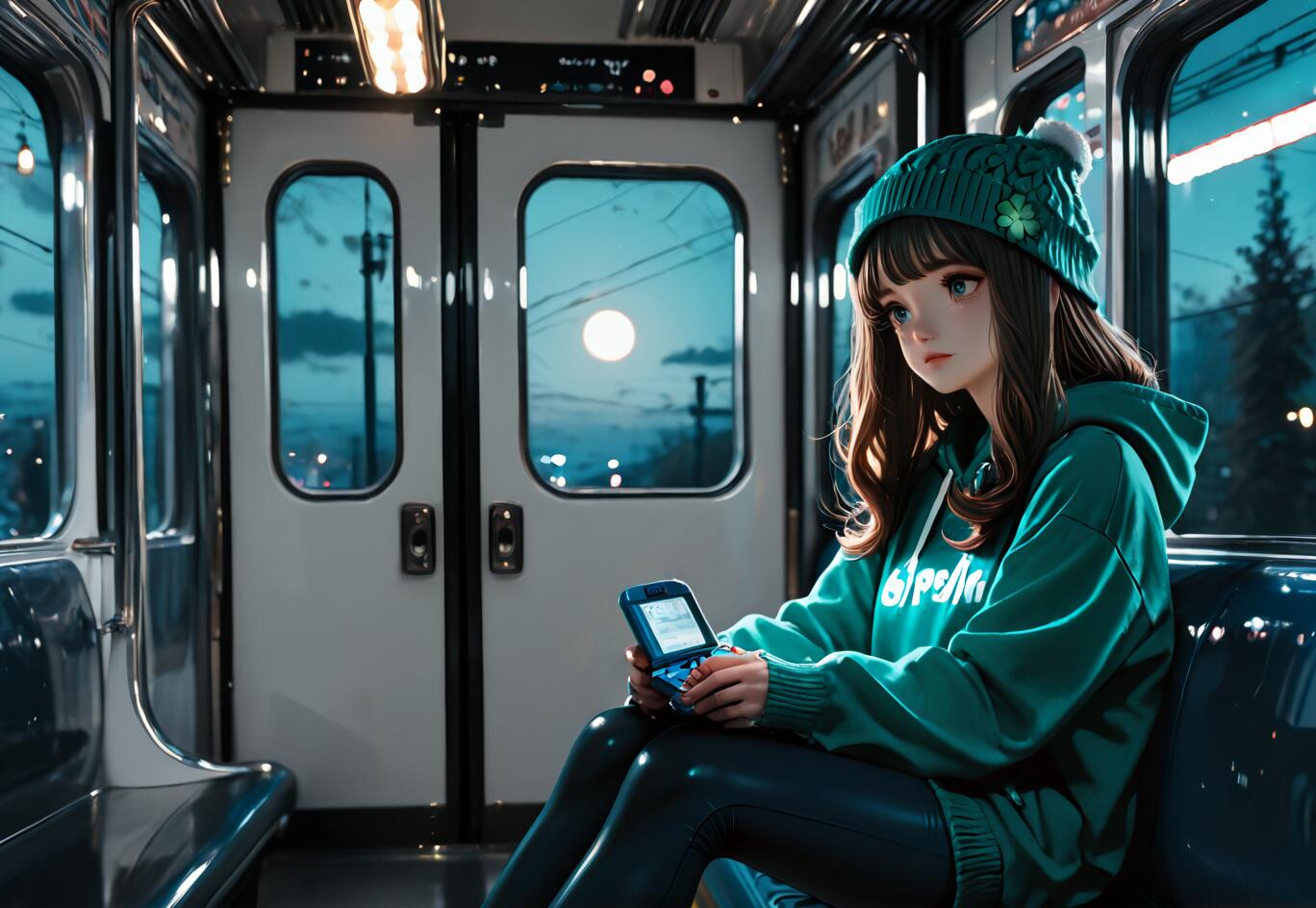 Une illustration représentant une jeune femme aux cheveux bruns, assise à l’intérieur d’un train de nuit, portant un sweat à capuche vert et un bonnet, et jouant sur une console de jeux portable bleue. On peut voir une pleine lune à travers la fenêtre du train.