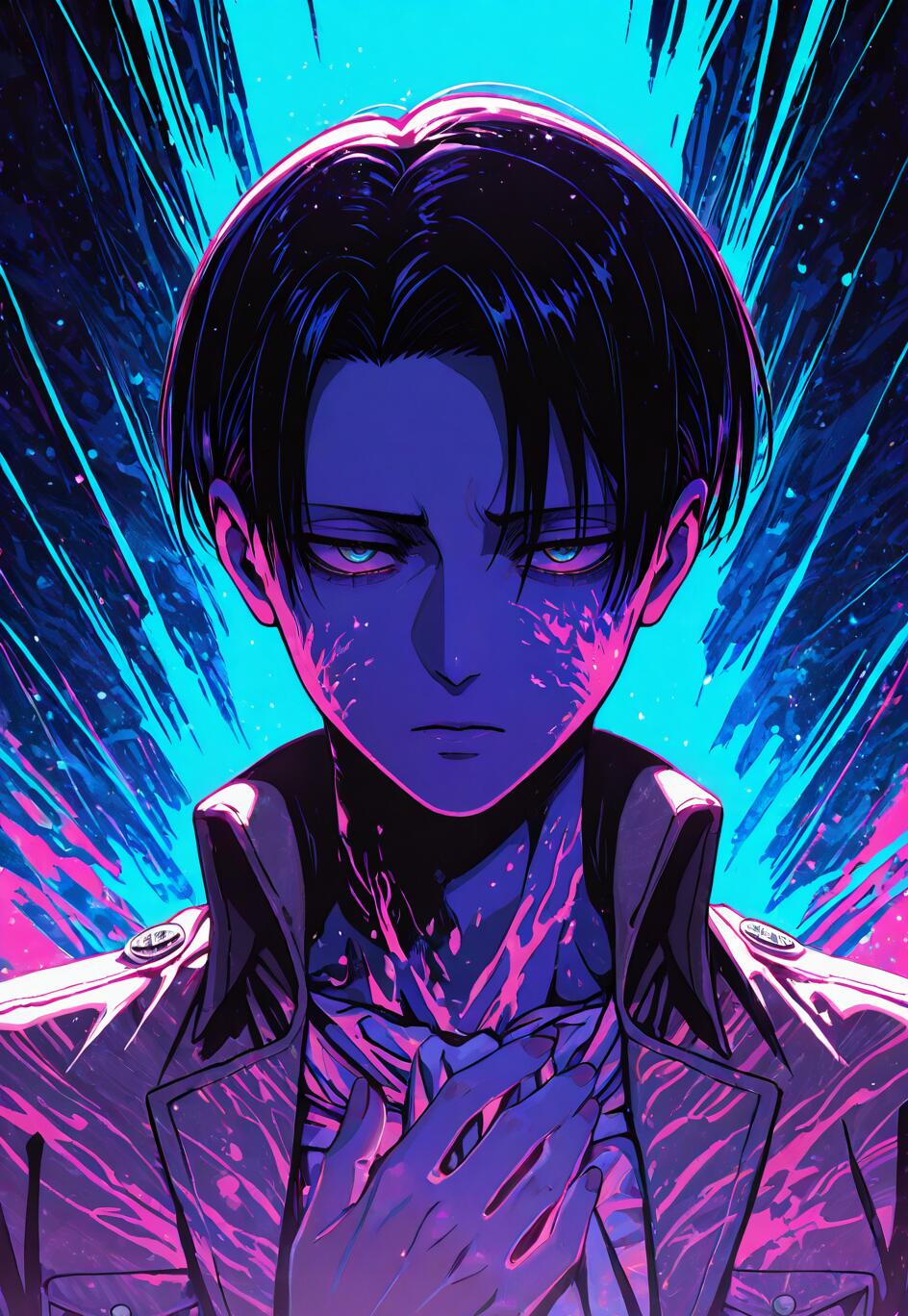 Une illustration de style manga représentant Levi Ackerman, personnage de l’œuvre « L’Attaque des Titans », la main posée sur sa poitrine. L’œuvre se caractérise par une palette de couleurs néon vives, allant du bleu au rose en passant par le violet, sur un fond abstrait et dynamique.
