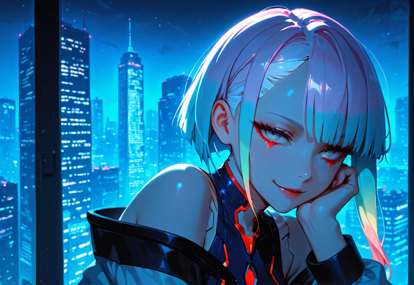 Une illustration de style manga représentant Lucy, un personnage de la série Cyberpunk : Edgerunners. Il s’agit d’une jeune femme aux cheveux courts, blancs et multicolores, qui regarde le spectateur avec un sourire en coin. Elle se tient devant une fenêtre donnant sur un paysage urbain futuriste, illuminé par les lumières de la nuit.