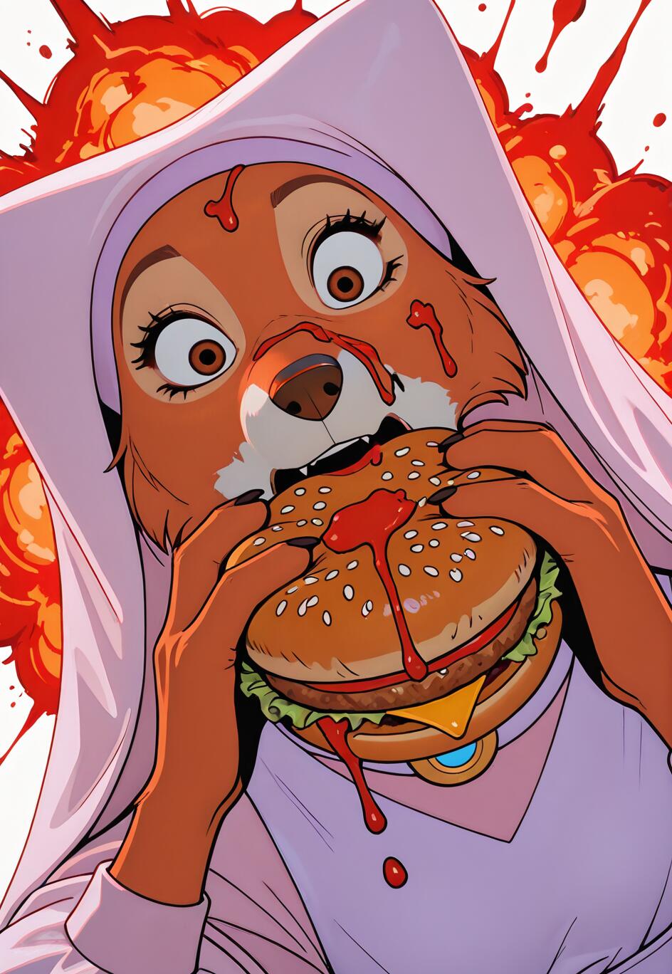 Une illustration de Marianne, le renard du film « Robin des Bois » de Disney, qui affiche une expression de choc en train de croquer goulûment dans un énorme cheeseburger. Du ketchup est éclaboussé sur son visage et coule du burger, le tout sur un fond rouge et orange aux couleurs vives.