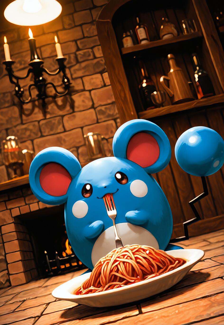 Le Pokémon Marill, une créature ronde et bleue aux grandes oreilles, est assis à une table en bois dans une pièce rustique, et mange joyeusement une grande assiette de spaghettis avec une fourchette dans la bouche. On peut apercevoir une cheminée chaleureuse et une étagère remplie de bouteilles à l’arrière-plan, créant une atmosphère accueillante.
