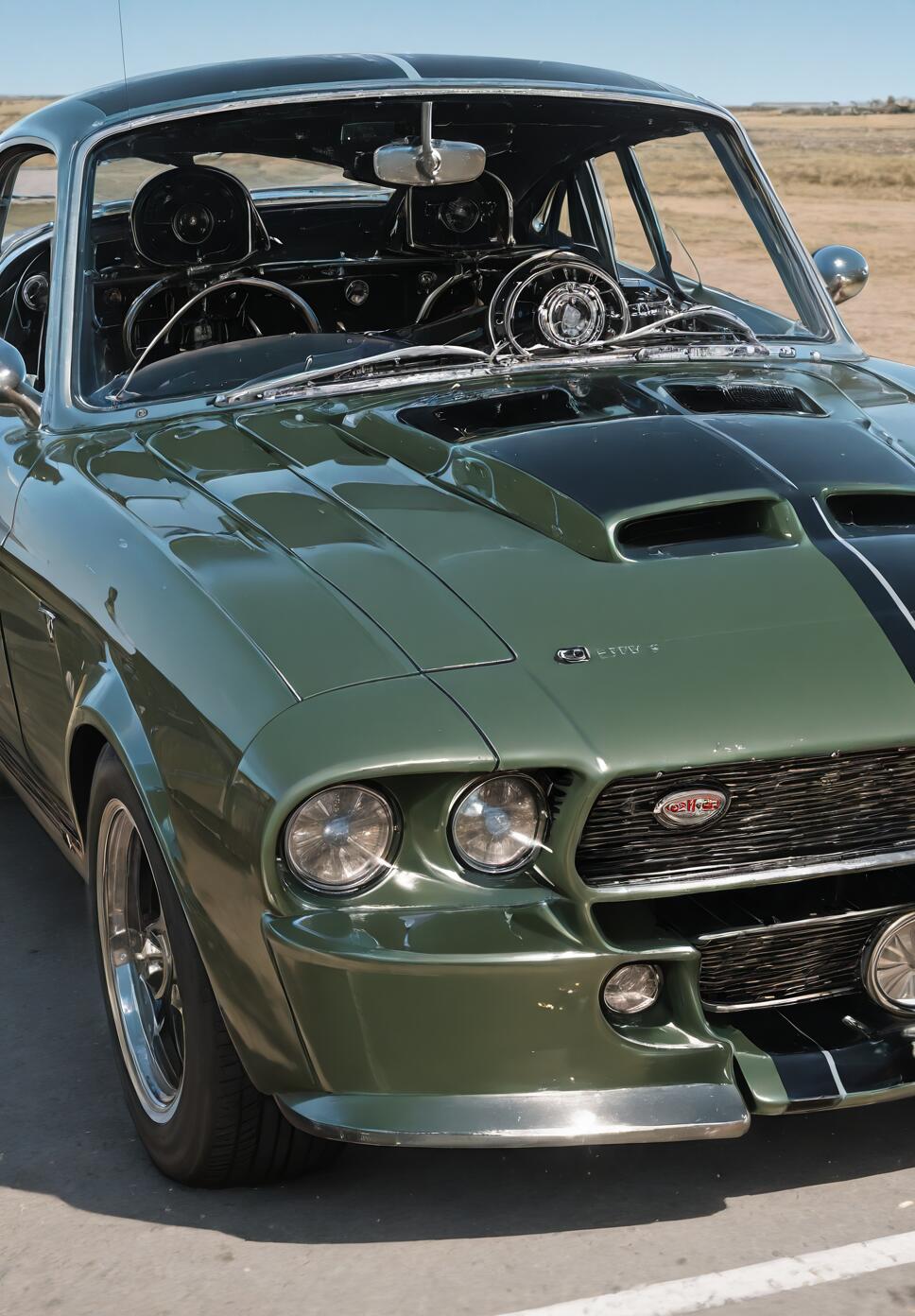 Vue de face d’une Ford Mustang ancienne, fortement modifiée, de couleur vert foncé, avec une calandre personnalisée et cinq phares ronds sur le pare-chocs avant, garée à l’extérieur par une journée ensoleillée.