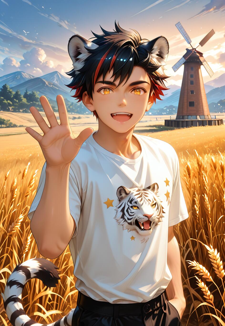 Un garçon d’anime aux cheveux noirs et rouges, avec des oreilles et une queue de tigre, identifié comme Nagumo Tetora de la série Ensemble Stars!!, souriant et agitant la main dans un champ de blé doré, avec un moulin à vent en arrière-plan.