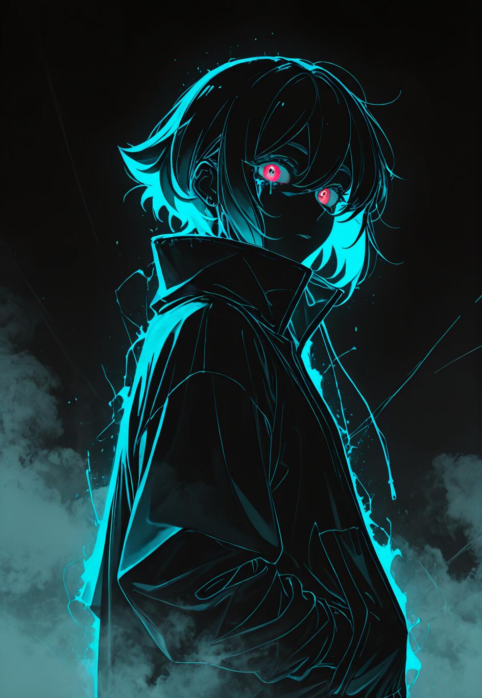 Un personnage d’anime, Theresa Apocalypse, aux cheveux courts et portant une veste à col montant, est illuminé par un contour néon cyan éclatant sur un fond sombre et brumeux. Ses yeux brillent d’un rouge perçant.