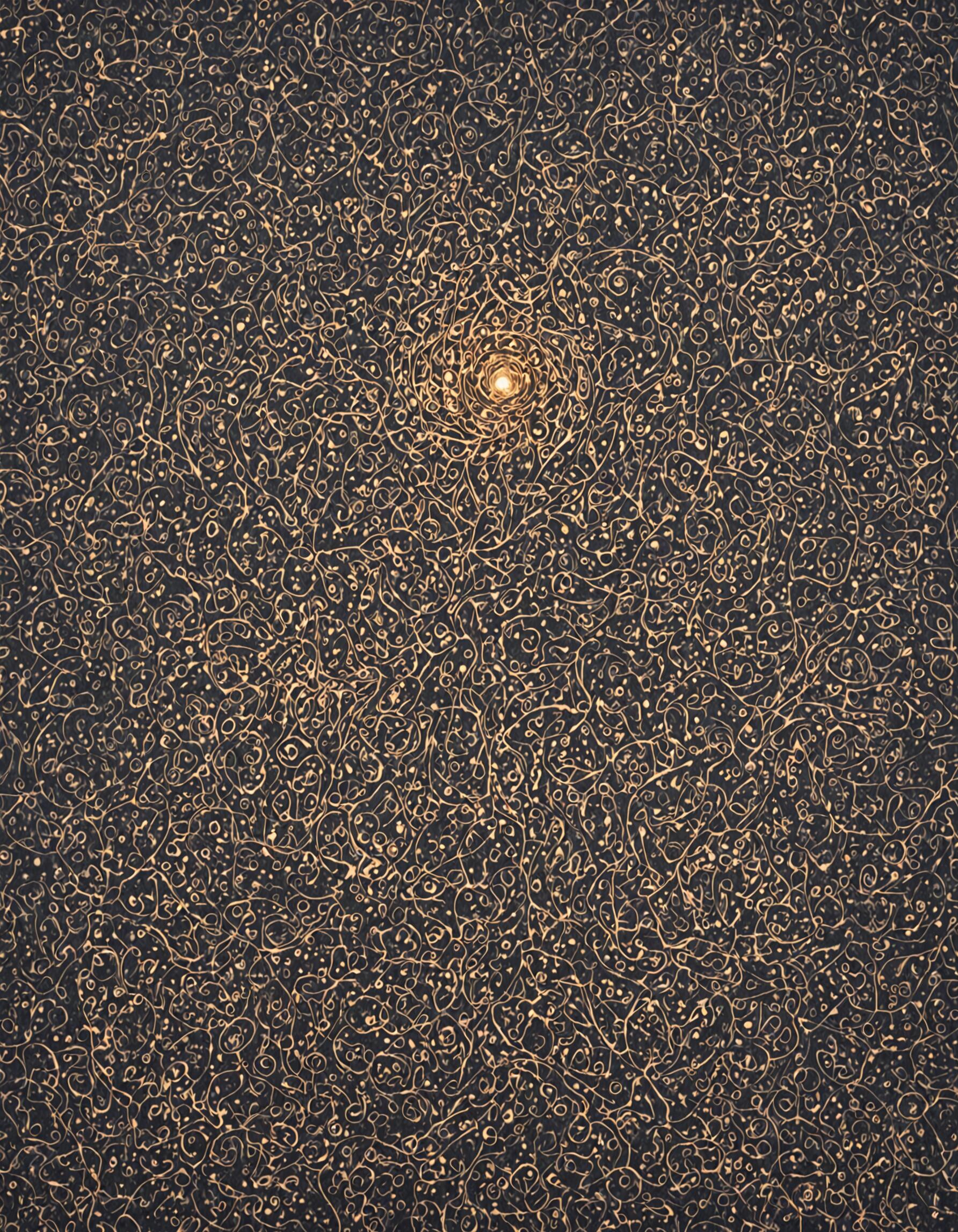 Une peinture abstraite sur fond sombre, recouverte d’un réseau dense et complexe de lignes et de points dorés tourbillonnants. En haut, au centre, une seule sphère lumineuse et éclatante sert de point central.