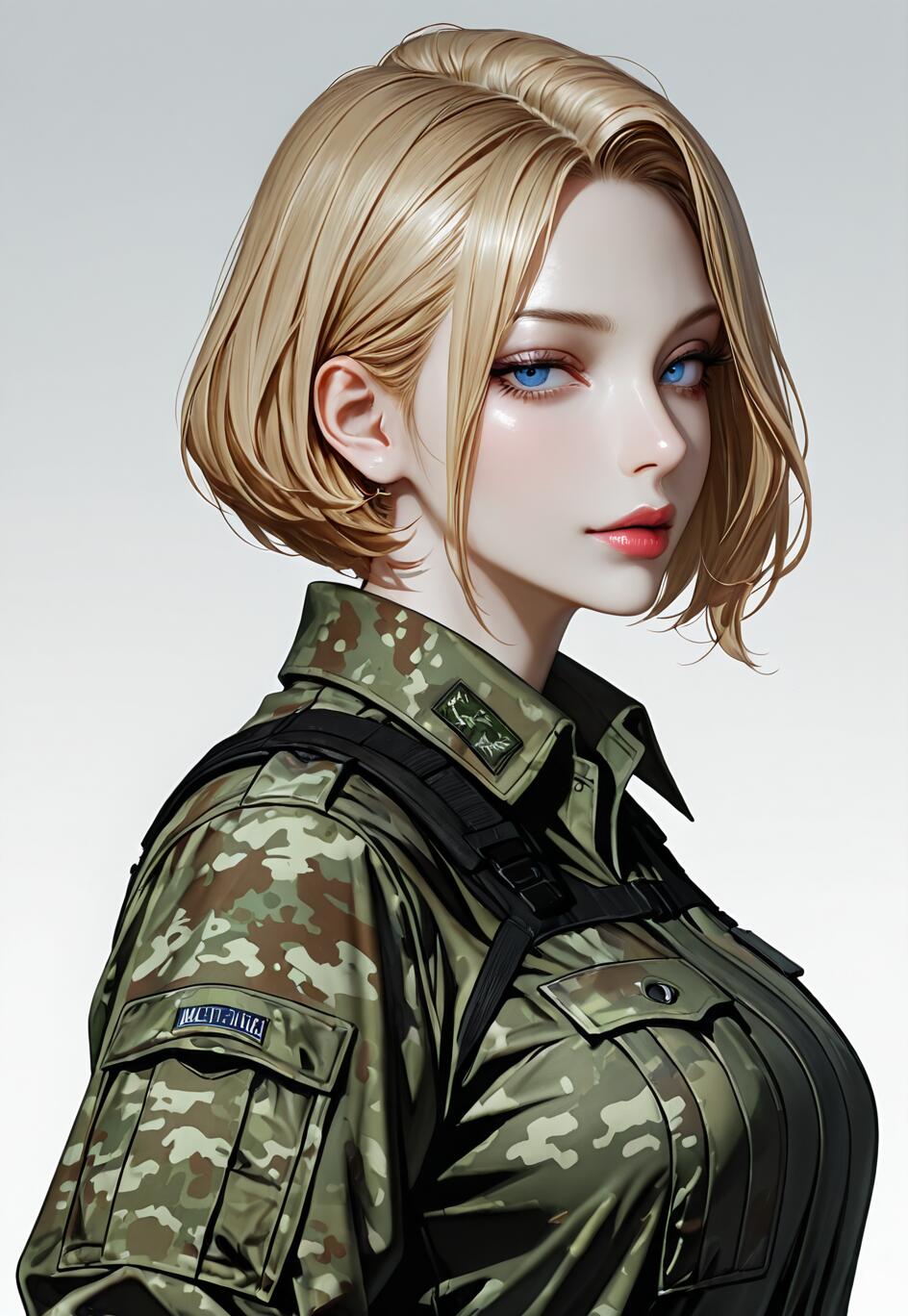Une illustration détaillée d’une belle soldate, avec une coupe au carré blonde et des yeux bleus perçants, portant un uniforme de camouflage vert et un harnais tactique noir, et posant sur un fond blanc.