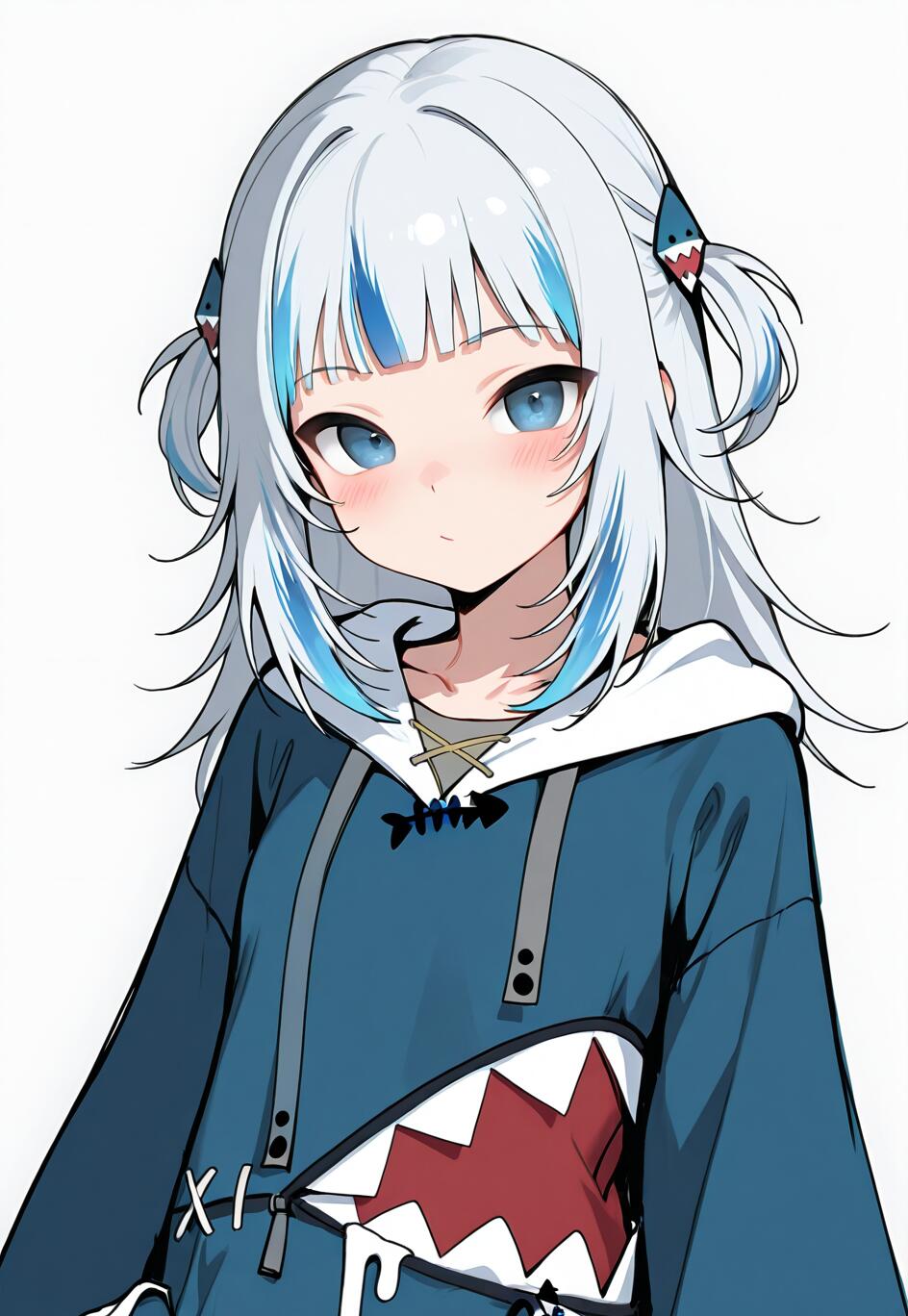 Un portrait numérique en gros plan de Gawr Gura, une jeune fille d’anime aux cheveux blancs et bleus, aux yeux bleus, portant son célèbre sweat à capuche bleu orné d’un motif de gueule de requin.