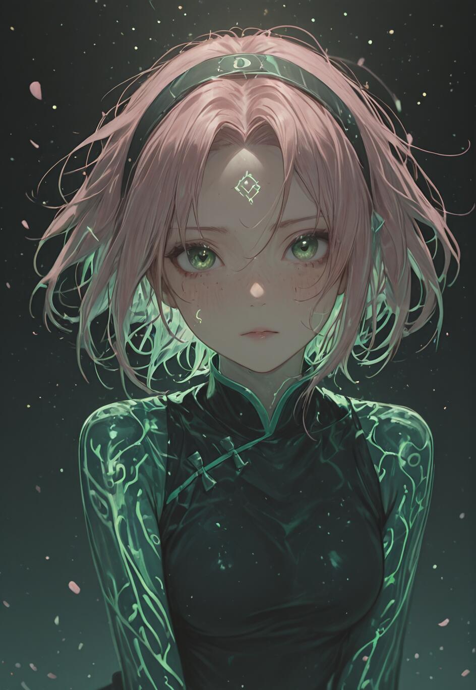 Un portrait artistique de Sakura Haruno, issue de l’univers de Naruto, avec des cheveux roses et des yeux verts lumineux. On peut voir le sceau des Cent sceaux sur son front, et elle porte une tenue sombre ornée de motifs verts lumineux, le tout se détachant sur un fond étoilé parsemé de pétales flottants.