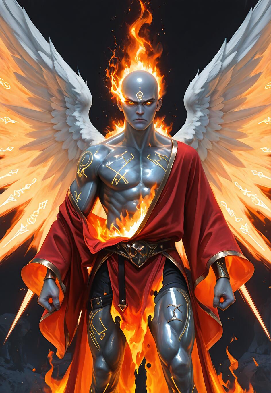 Une peinture numérique représentant un ange puissant, chauve, à la peau argentée et au corps musclé, en pied. Il a de grandes ailes blanches qui sont en proie à des flammes dorées. Sa tête est également couronnée de feu, ses yeux brillent et son corps est recouvert de runes dorées lumineuses. Il porte une robe rouge déchirée et embrasée par-dessus une armure sombre.