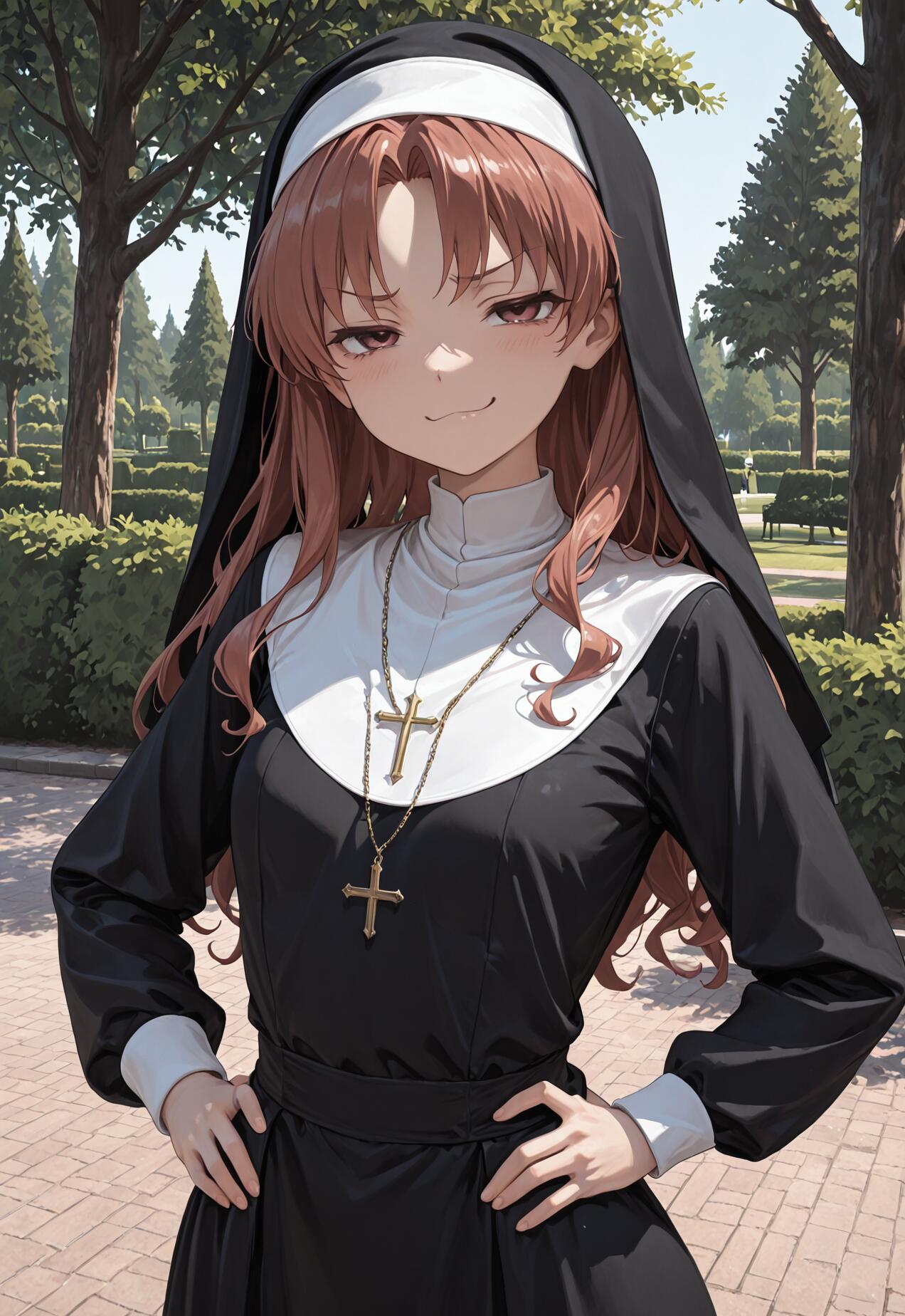 Une illustration de Shirai Kuroko, personnage de l’anime « A Certain Scientific Railgun », représentée comme une nonne. Elle a de longs cheveux bruns, une expression satisfaite et se tient debout, les mains sur les hanches, dans un parc.