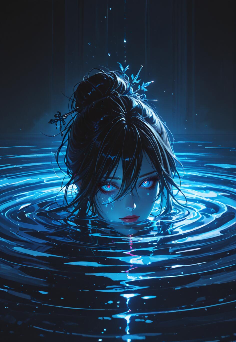 Une illustration de style manga représentant une femme aux cheveux noirs, coiffée en chignon, plongée jusqu’au cou dans une eau sombre qui émet une lumière bleue, créant des ondulations autour d’elle tandis qu’elle regarde droit devant avec des yeux bleus perçants et lumineux.