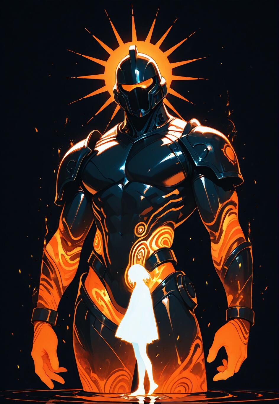 Une figure géante et musclée, vêtue d’une armure futuriste noire et orange, surmontée d’un halo en forme de rayons de soleil, se dresse au-dessus d’une petite silhouette blanche et lumineuse représentant une personne, le tout sur un fond noir.